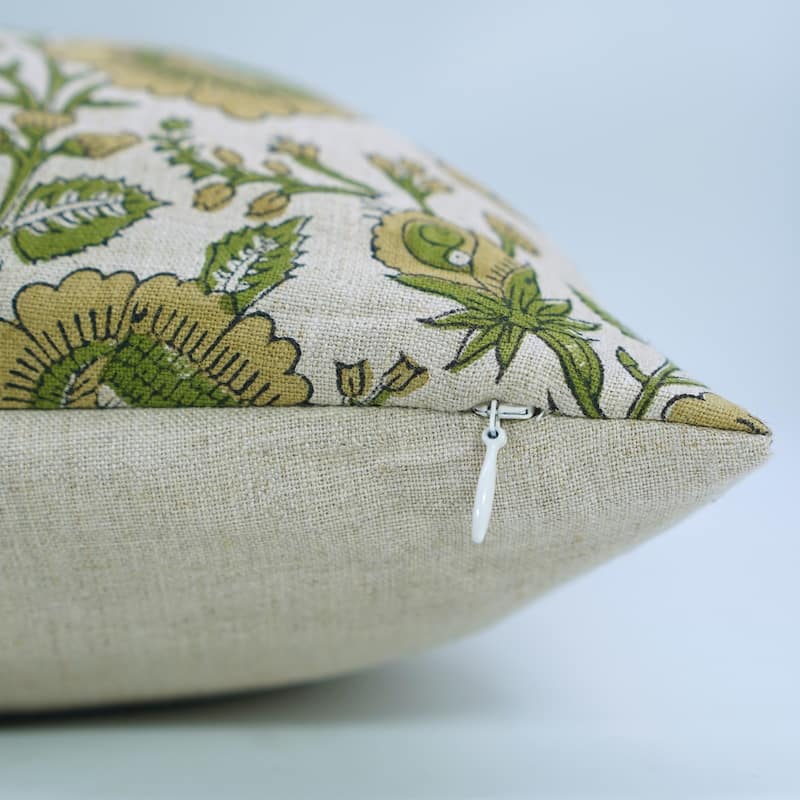 Fabdivine Handmade Floral Accent Pillow 24x24 Inch for Farmhouse Fall Living Room or Sofa Décor, Green Soft Linen, Sun Flower