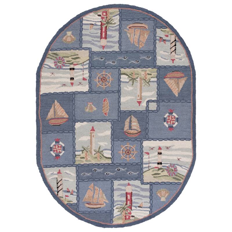 SAFAVIEH Handmade Chelsea Laurenzia French Country Nautical Wool Rug - 4'6" x 6'6" Oval - Blue