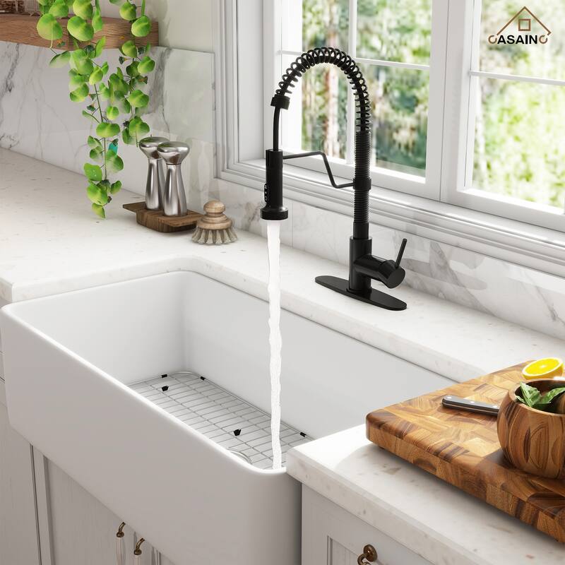 Farmhouse/Apron-Front Single Bowl Fireclay Kitchen Sink with 3-Function Pull-Down Faucet, Bottom Grid, and Basket Strainer