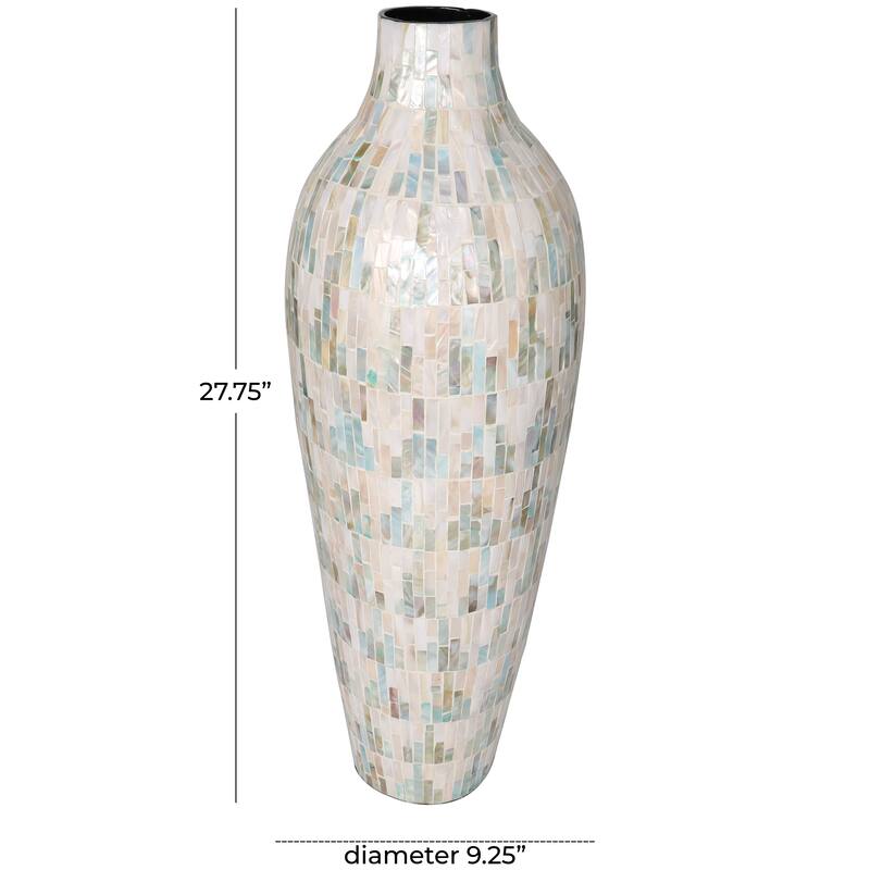 White Mother of Pearl Shell Handmade Mosaic Inspired Decorative Vase with Pastel Blue and Pink Accents