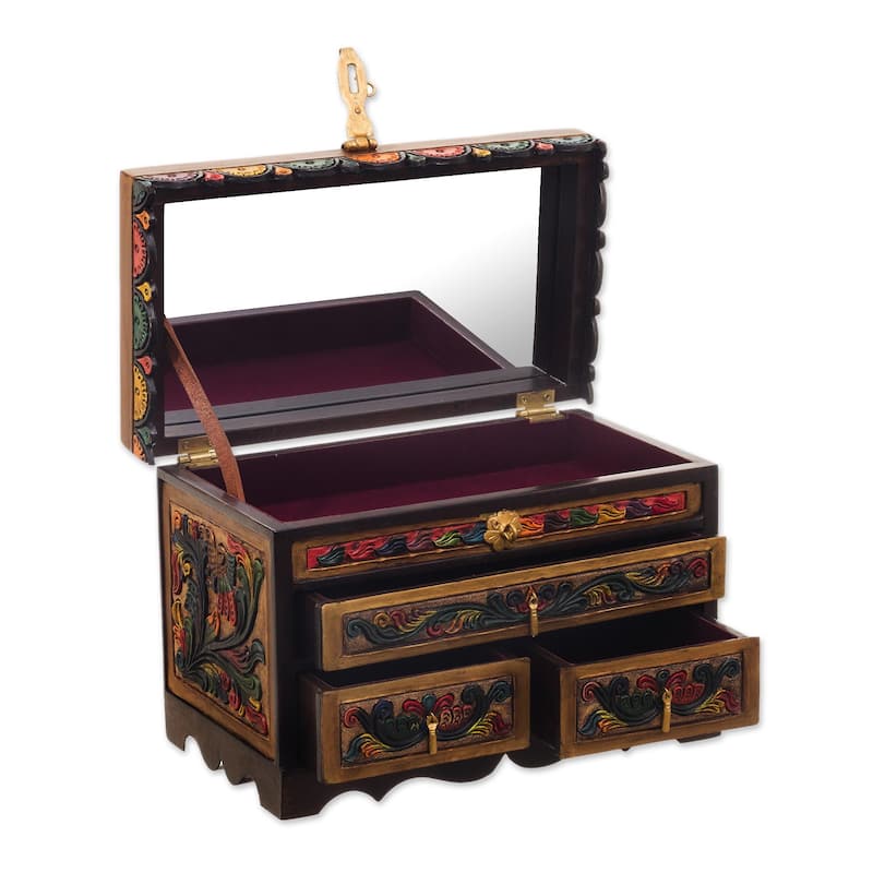 Novica Handmade Treasure Garden In Amber Leather And Wood Jewelry Box