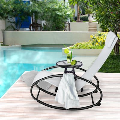Grey Outdoor Lounge Rocking Chair Breathable Mesh Fabric with Pillow Headrest and Steel Frame for Patio Garden Deck