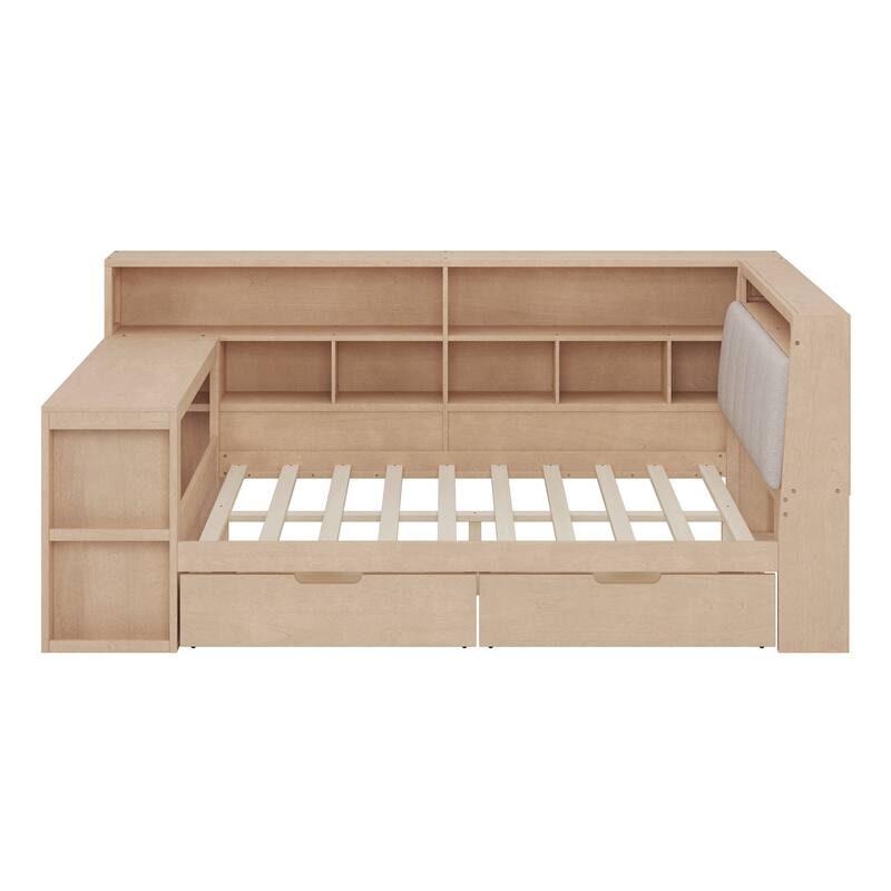 L-shaped Wooden Sofa Daybed with Desk, Bookcase Cabinet, Corner Bed with Under-bed Drawers, Upholstered Headboard Built-in Light