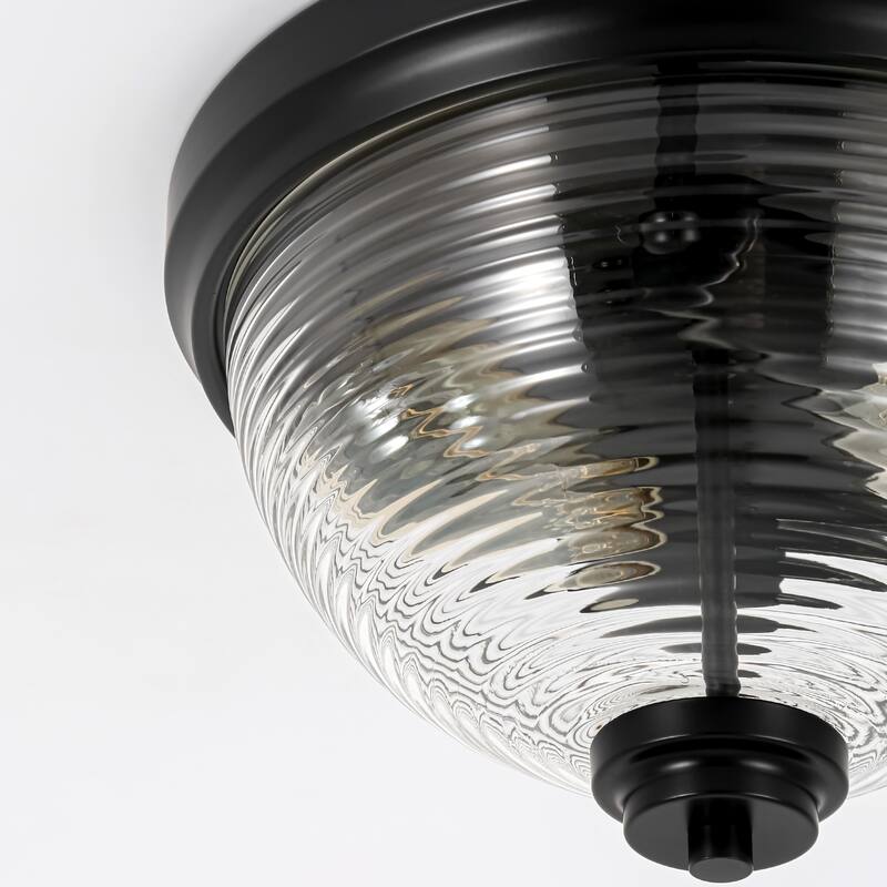 11.8 in. 2-Light Modern Matte Black Dome Flush Mount Ceiling Light with Clear Ribbed Glass Shade for Bedroom