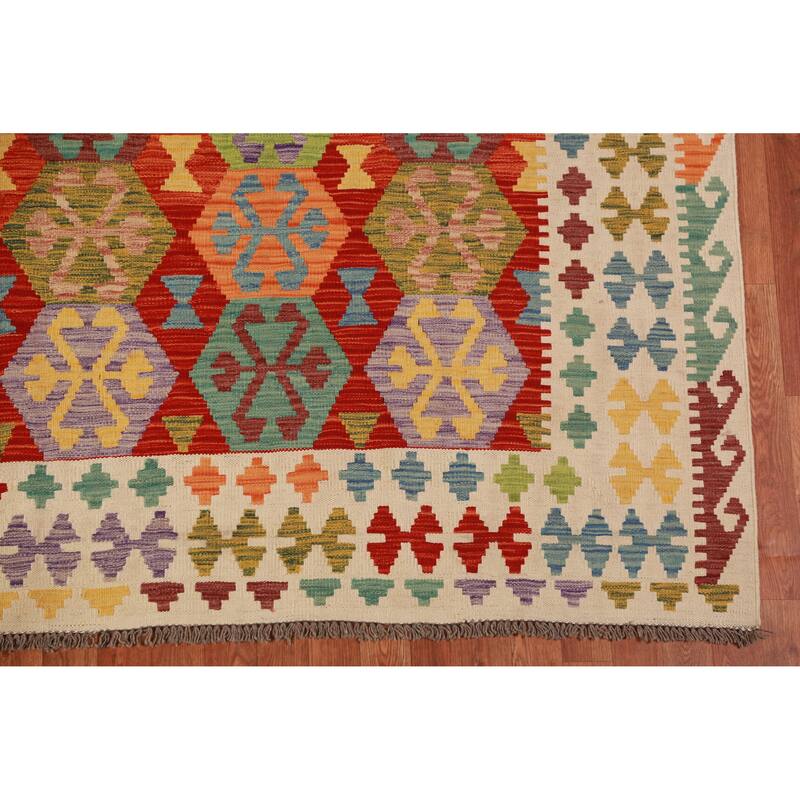 Colorful Kilim Oriental Area Rug Hand-Woven Wool Carpet - 8'7"x 11'1"