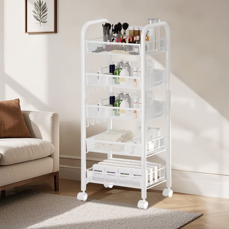 5-Tier Utility Rolling Cart On Wheels Storage Shelf for Narrow Space, Kitchen