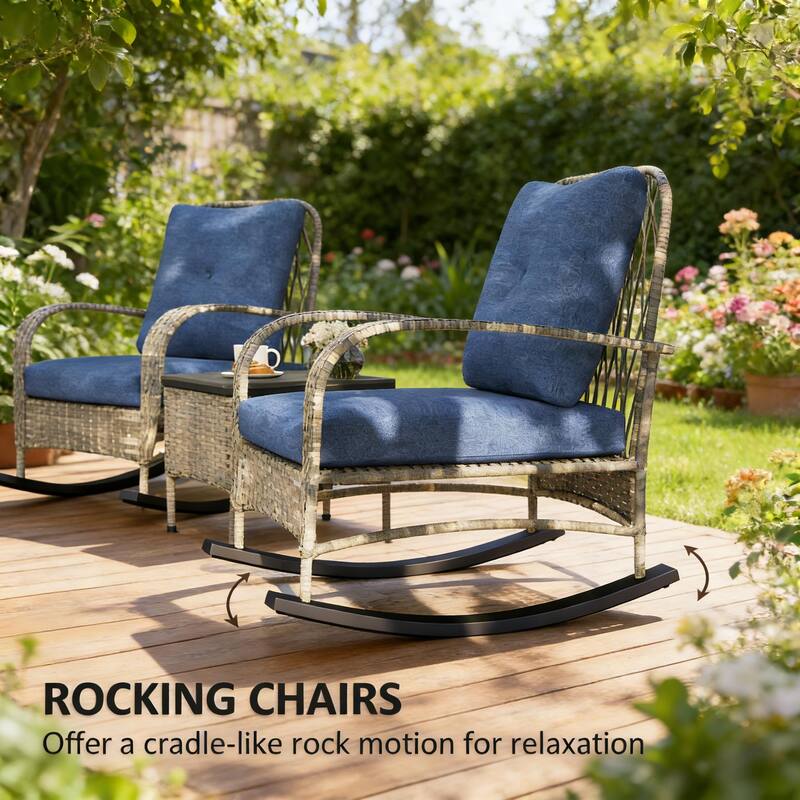GDFStudio - Outdoor PE Rattan 3-Piece Balcony Bistro Set with Rocking Chairs