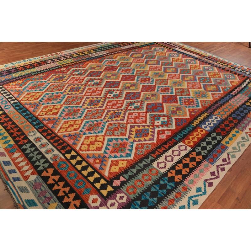 Geometric Kilim Area Rug Flatweave Oriental Multi-Color Wool Carpet - 9'11"x 12'10"
