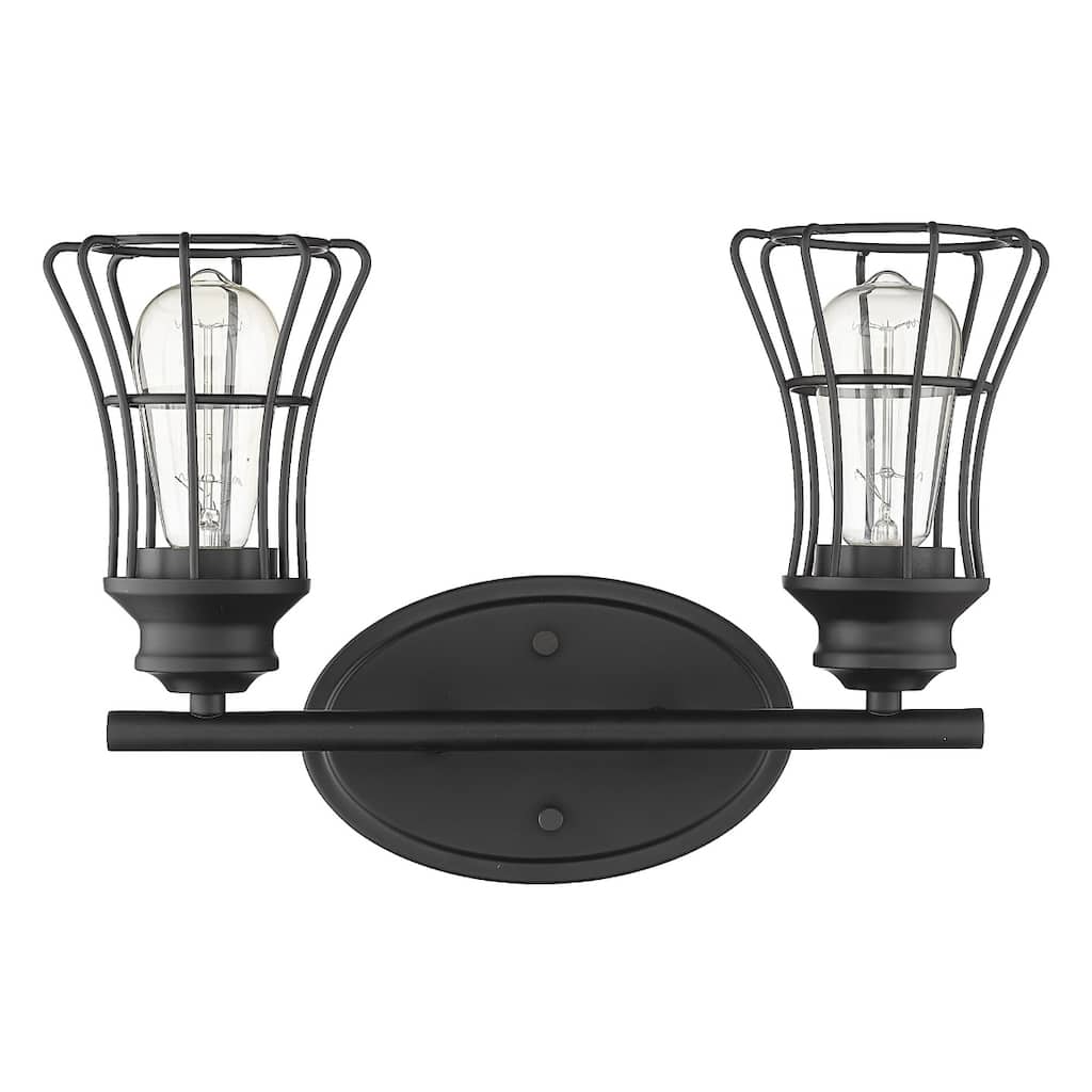 Matte Black 2-Light Vanity Wall Sconce with Cage Shade and Hardwired Fixture for Damp Areas for Bathroom or Hallway
