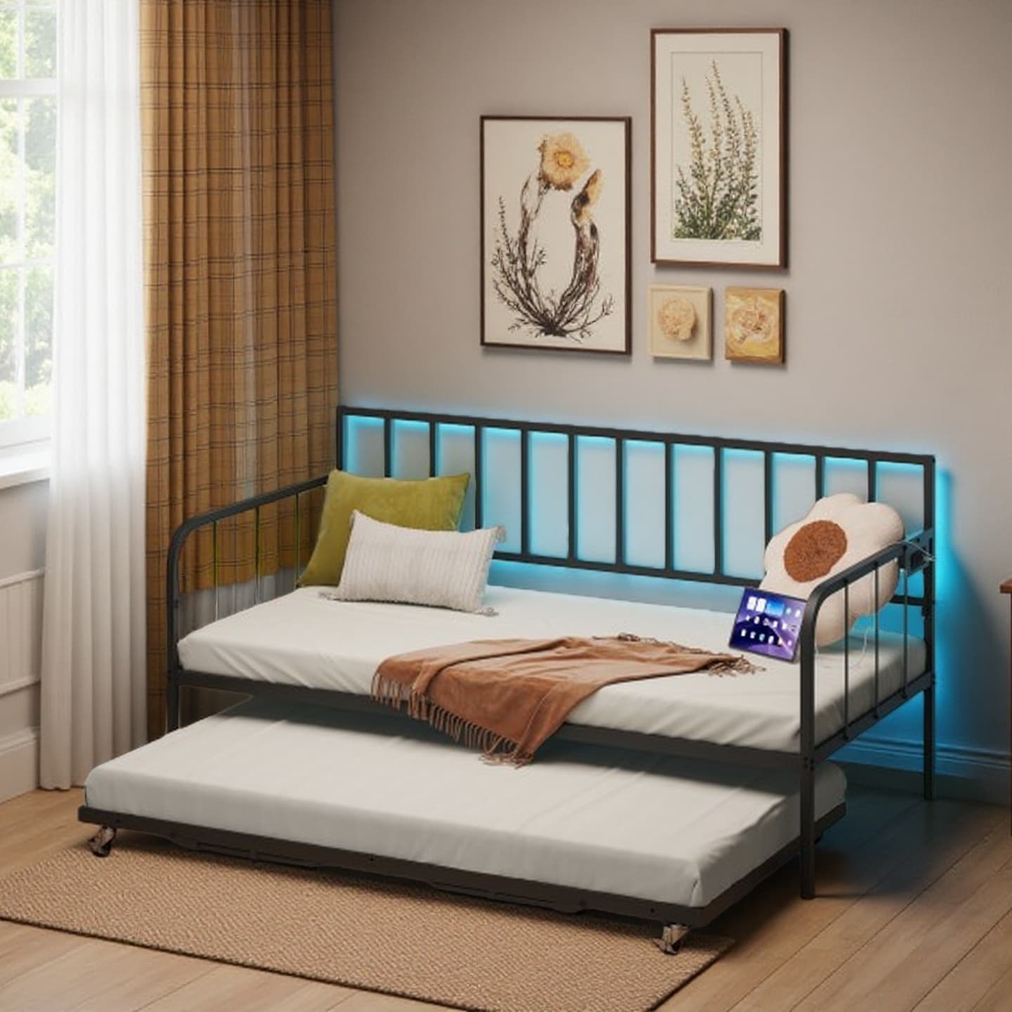 Twin Metal Daybed with Pull-Out Trundle, Heavy-Duty Slat Support, Space-Saving Sofa Bed Frame with Under-Bed Storage