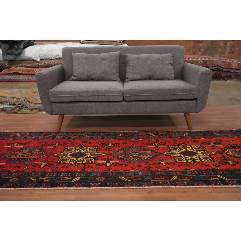 Hand Knotted Oriental 100% Wool Carpet Traditional Geometric Oranges & Rust Heriz Runner Rug - 14' 9'' X 3' 0''