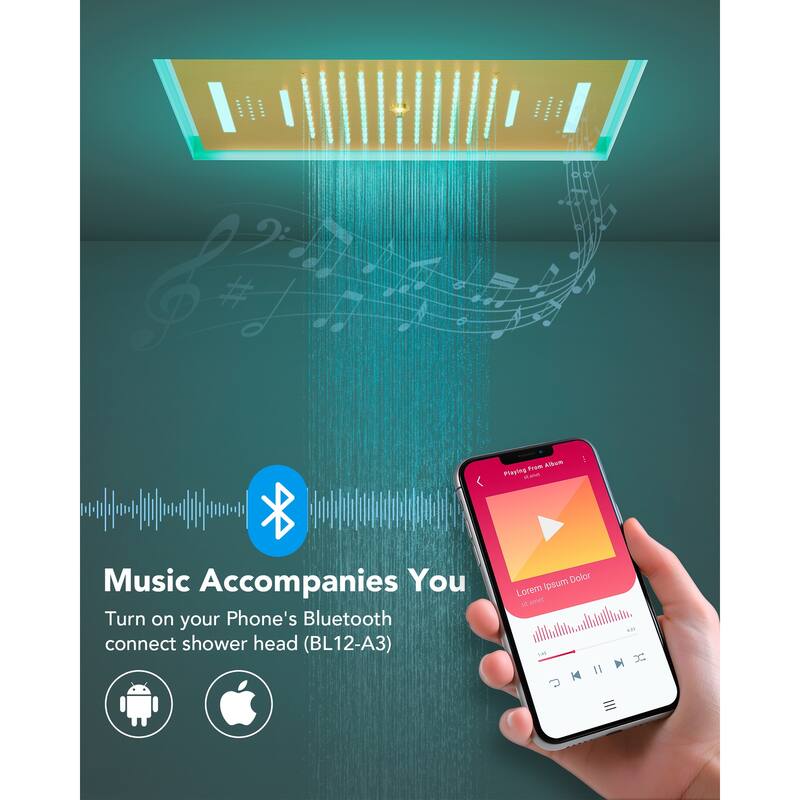 Dual Shower Heads System with 3 Spray Modes 22"*15" Ceiling and 6" Wall Mount Body Jets Handheld Spray LED Music