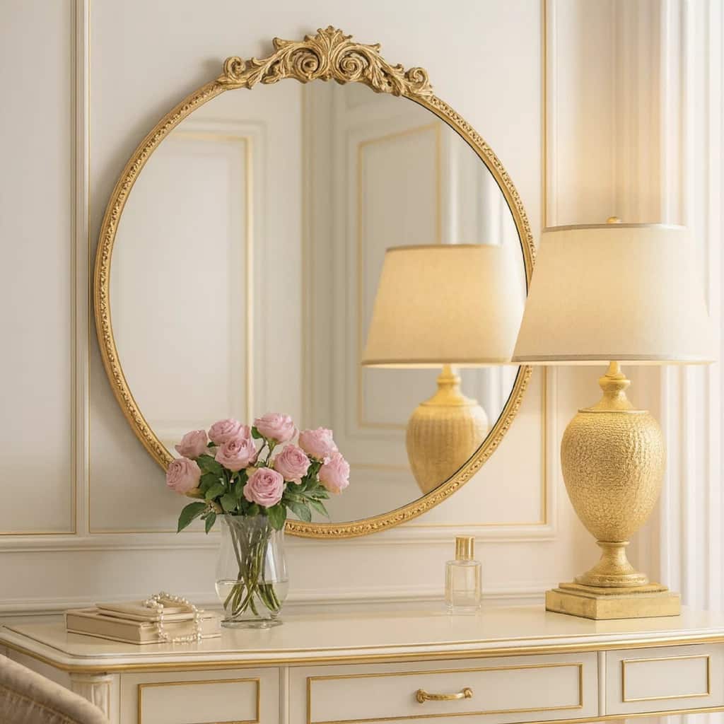 Kea 32 Inch Vintage Round Wall Mirror, Gold Metal Frame, Baroque Design