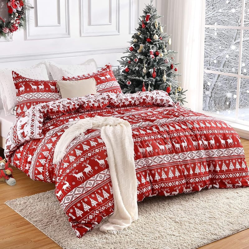 Reversible Printed Christmas Duvet Cover and Pillow Shams Set, Bedding Set - King