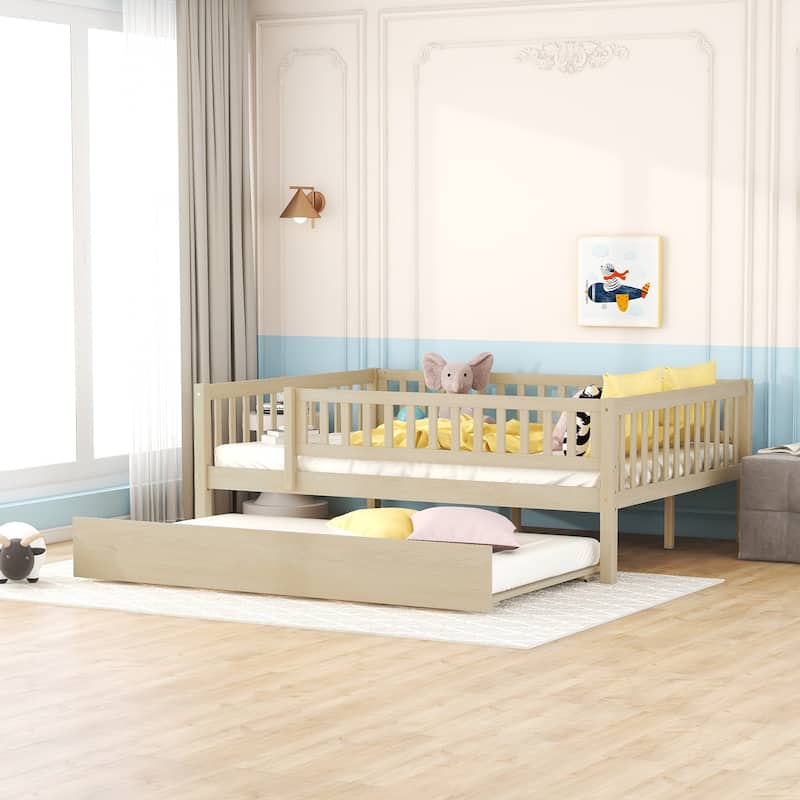 Full Size Wood Daybed with Trundle and Fence Guardrails, Natural