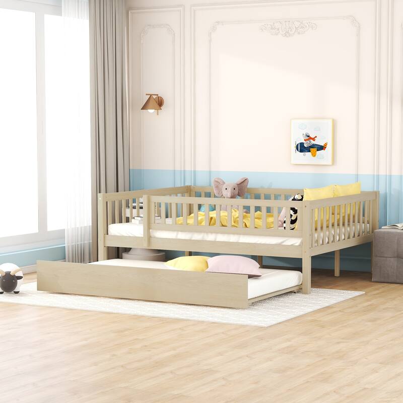Full Size Wood Daybed with Trundle and Fence Guardrails, Space-Saving Design
