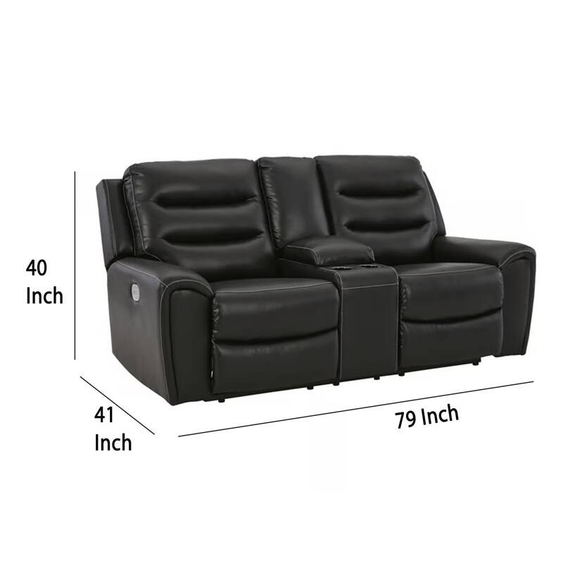 Erine Power Loveseat, USB Storage Console, Black Faux Leather 79 Inch