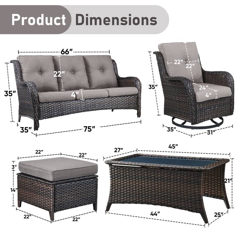 Pocassy Outdoor 4 Inch Sofa Swivel Chairs Table Ottoman