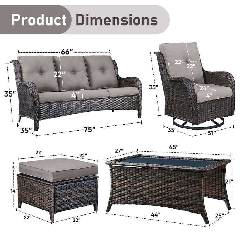 Pocassy Outdoor 6 Pieces 3-Seat Sofa Swivel Chairs Table Ottoman