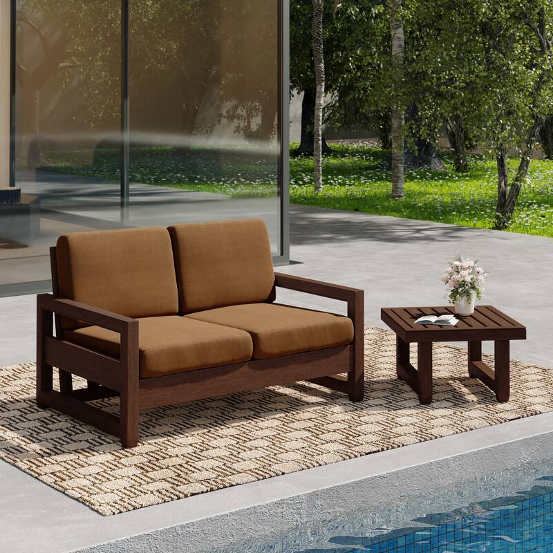 Teak Wood Cushioned Outdoor Patio Loveseat Set with Side Table - Dark Wood - Light Brown