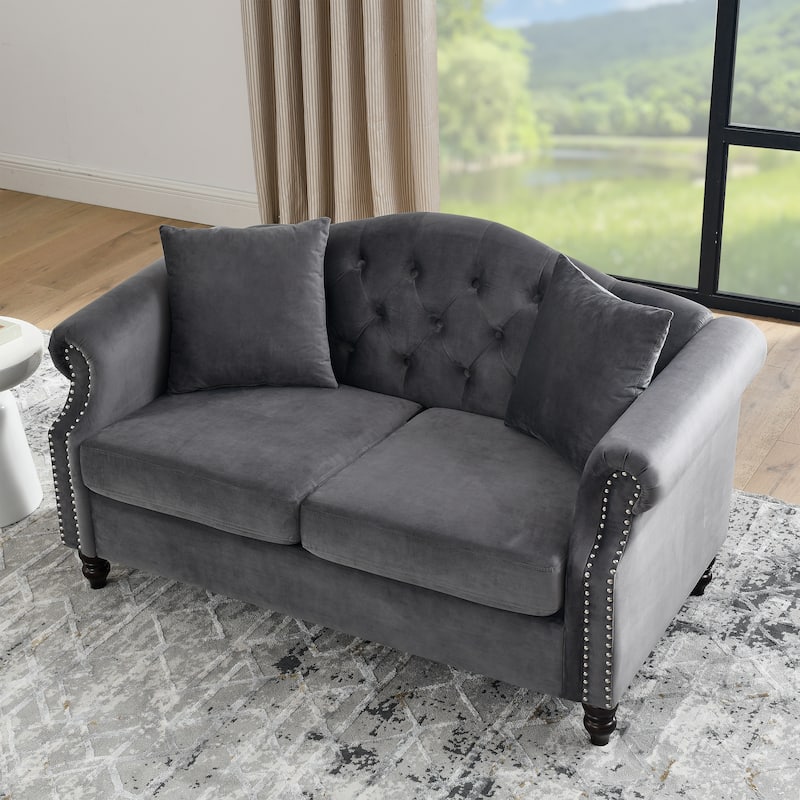 Chesterfield Velvet Sofa, Upholstered Loveseat Sofa with 2 Pillows, Tufted 2 Seater Sofa with Rolled Arms & Nailhead Trim