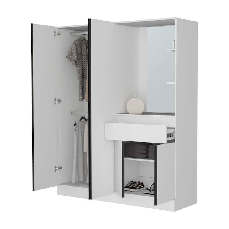 CaneMulti-Functional Wardrobe with Vanity Mirror and Storage, White