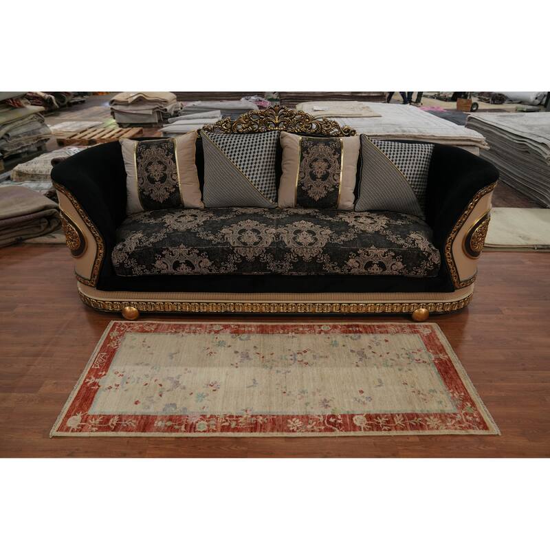 Hand Knotted Oriental 100% Wool Carpet Traditional Floral Beige & Ivories Art Deco Area Rug - 6' 1'' X 2' 7''