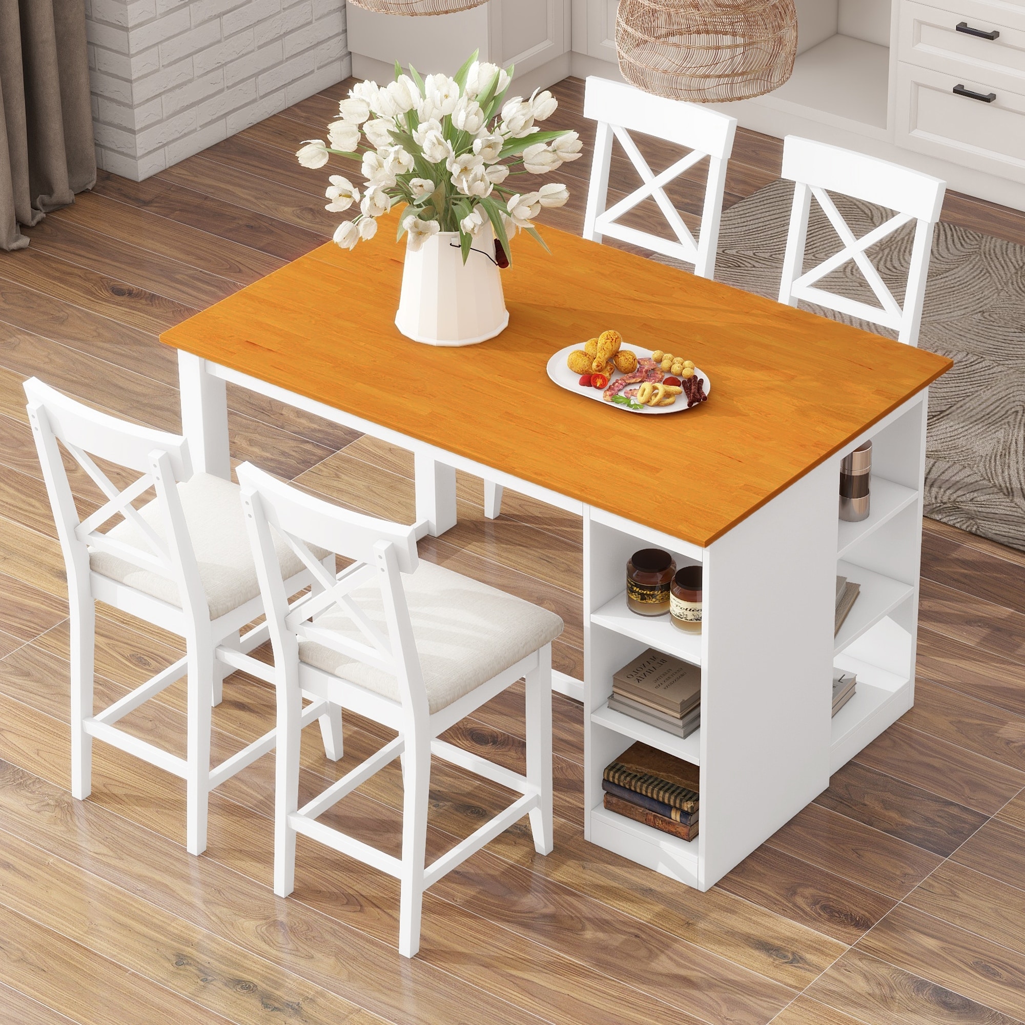 Counter Height Table with 3-Tier Storage Shelves, Rustic White Cross Back Dining Chairs with Wood Legs