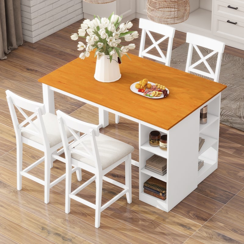 Wood Dining Table Set with 3-Tier Storage Shelves, 5-Piece Kitchen Table Set with Upholstered Dining Chairs - White