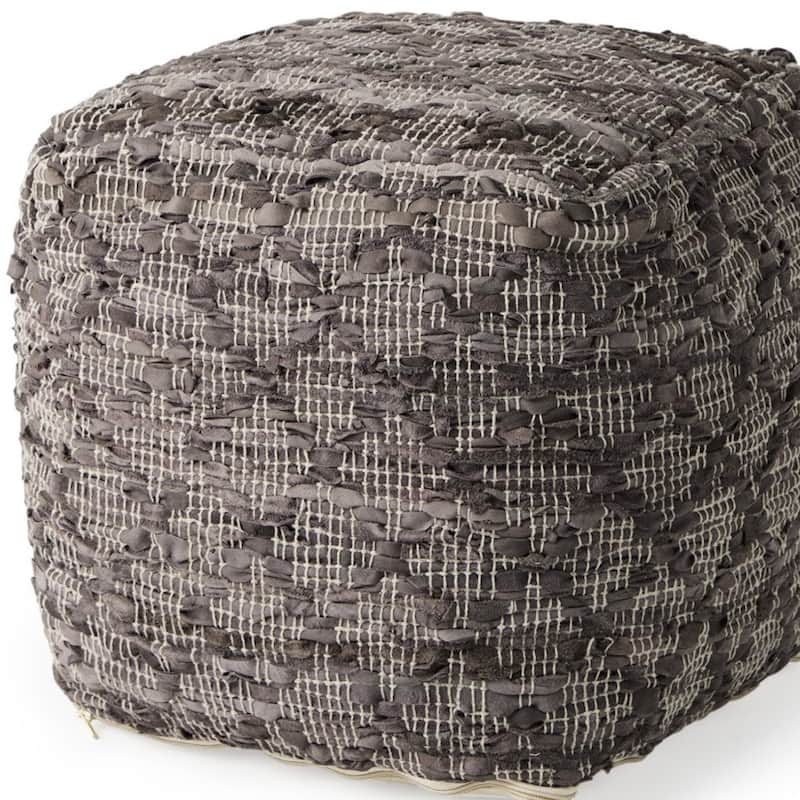 HomeRoots 16" Brown and Gray Cotton And Leather Geometric Cube Pouf Ottoman