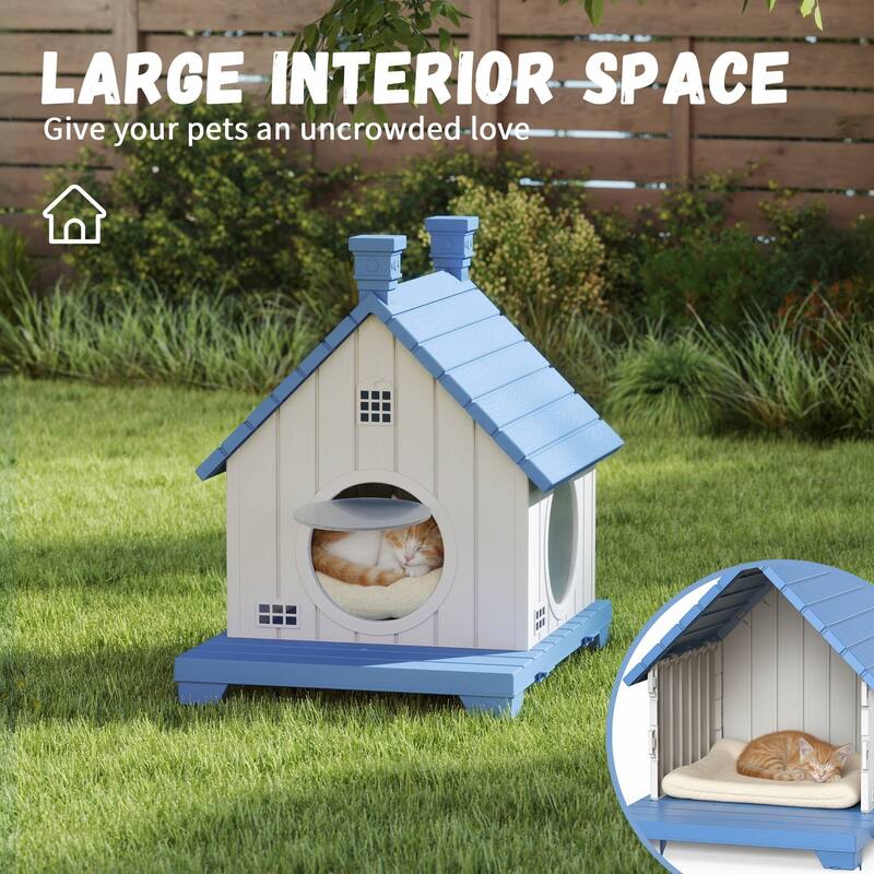 Slanted Roof Cabin Pet House with Porch, Multi-Level Stackable Shelter for Indoor Outdoor Use, for Cats Small Dogs Rabbits