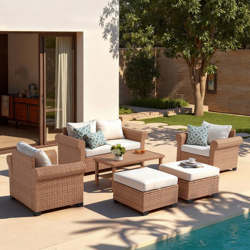 Outdoor 6-Piece PE Rattan Patio Furniture Set - Beige