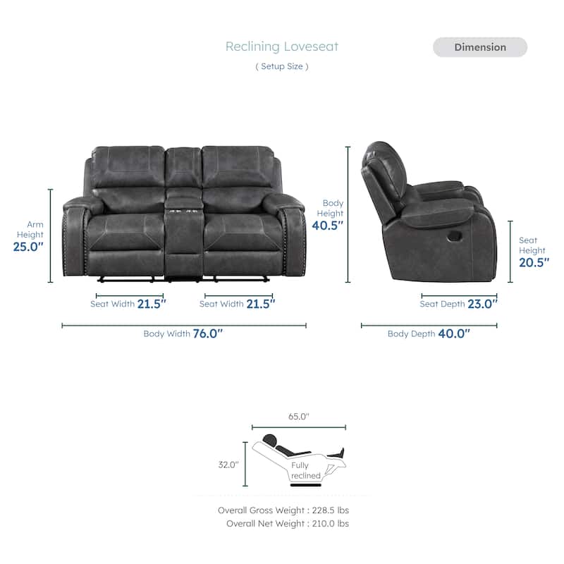Ashton Faux Leather 3-Piece Manual Reclining Living Room Sofa Set