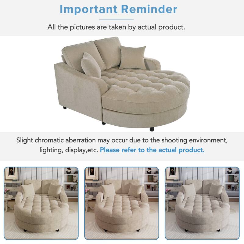 55" Champagne Chenille Chaise Lounge Sofa Bed with Tufted Seat and Detachable Pillows