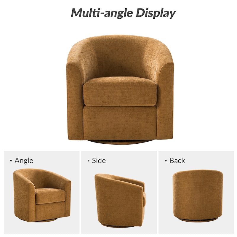 Cuenca Modern Living Room Wooden Upholstered 360° Swivel Barrel Chair with Metal Base and Wide Backrest