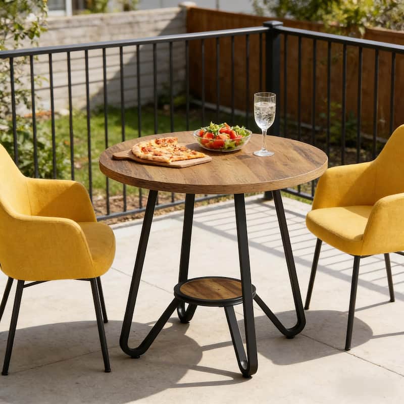 Round Dining Table with Storage Shelf, Home Office Table Meeting Table, Kitchen Table with Metal Base