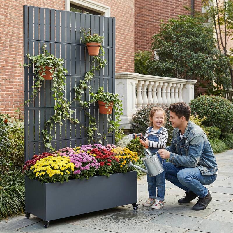 Raised Garden Bed Planter with Trellis Movable Planter Box with Lockable Wheels
