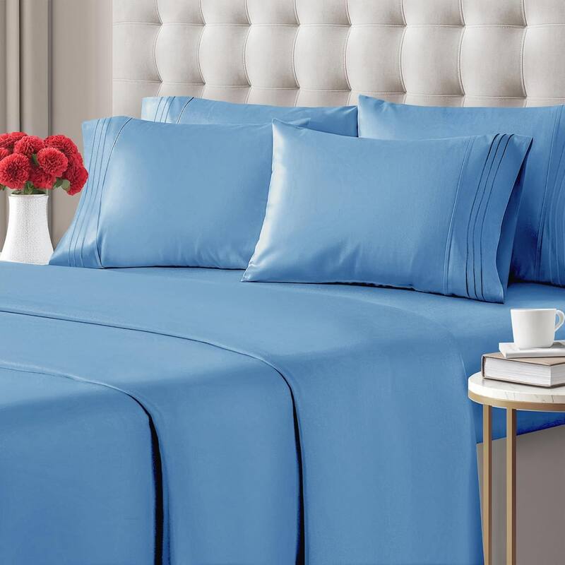 CGK Linens 6 Piece Solid Deep Pockets Microfiber, Easy-Fit Bed Sheet Set - Full - Denim Blue
