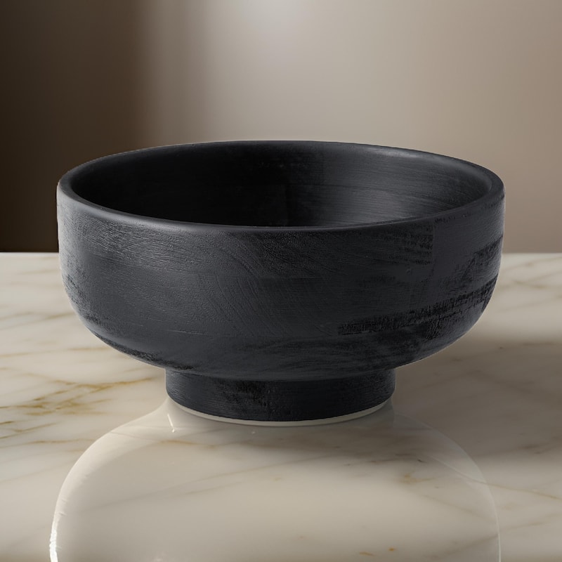 Nya 12 Inch Tabletop Decorative Bowl, Pedestal Round Base, Black Wood