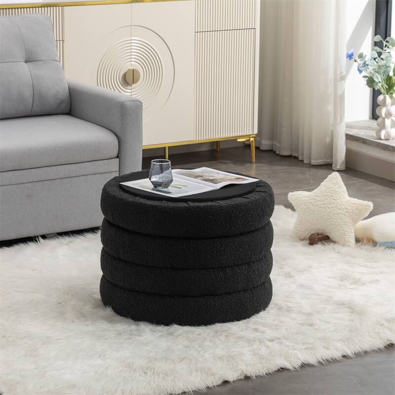 Fabric Storage Round Ottoman Footstool with Wooden Shelving