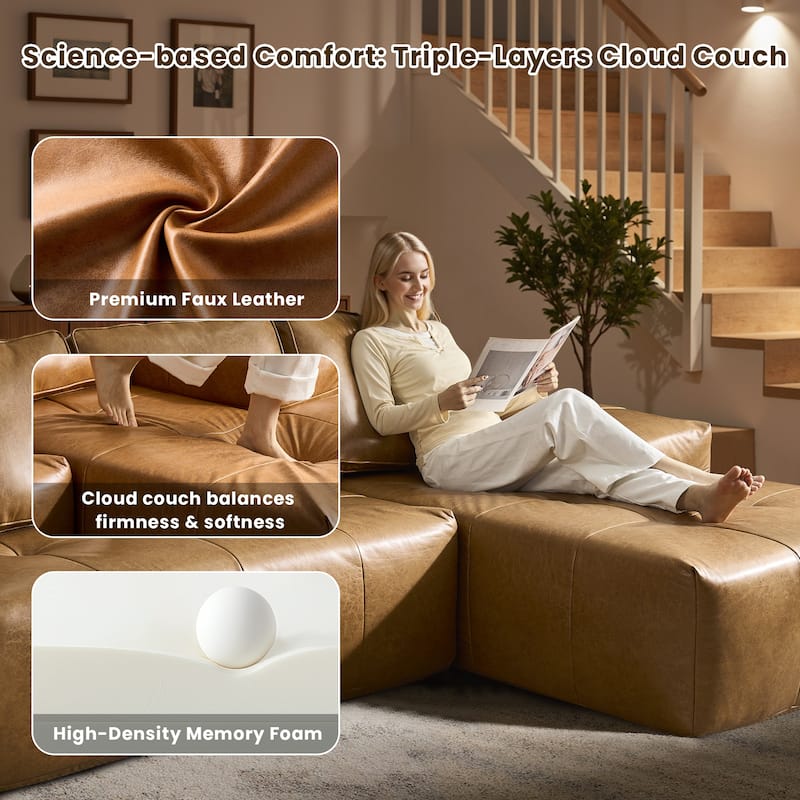 HOOOWOOO Mid-Century Modern Leather L-shaped Sectional Sofa Couch with Ottoman