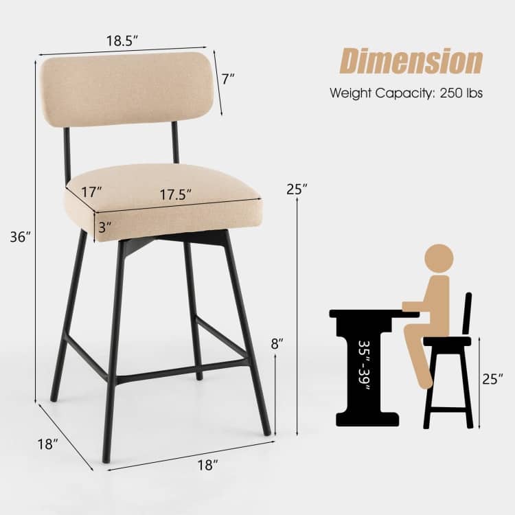 25" 2-Piece Modern Upholstered Bar Stools with Back and Footrests - 17.5" x 17" x 36" (L x W x H)