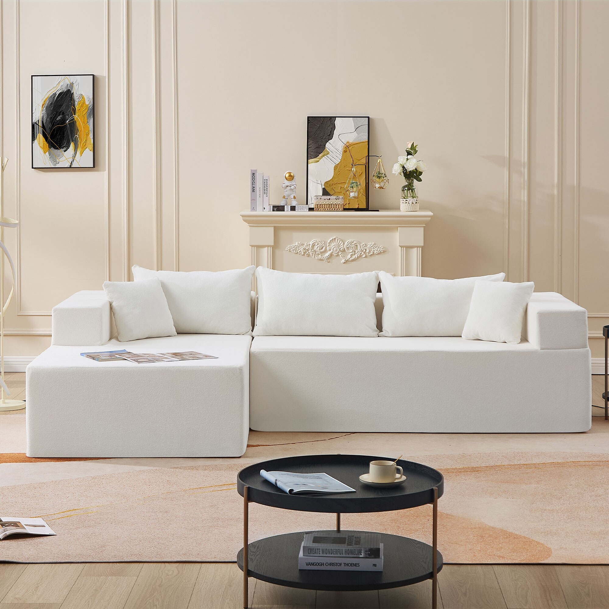 Beige 107.48'' Fabric L-Shaped Sectional Sofa with Chaise and 16.53-Inch Cushions - Bed Bath & Beyond