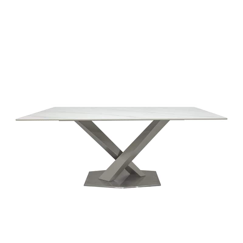 Dining Table with White Slate Marble Top and Matte Silver Base