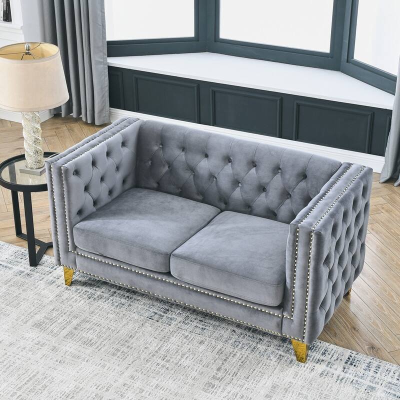 Luxury Velvet Upholstered Tufted Sofa with Arms,Living Room Couches with Metal Legs