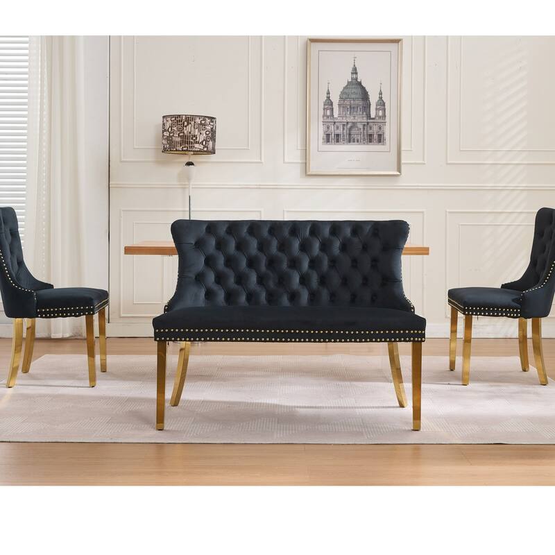 Velvet Double Dining Loveseat Bench, Kitchen & Dining Seating, 2-Seat Tufted Bench w/Handmade Buttons, Wing Back