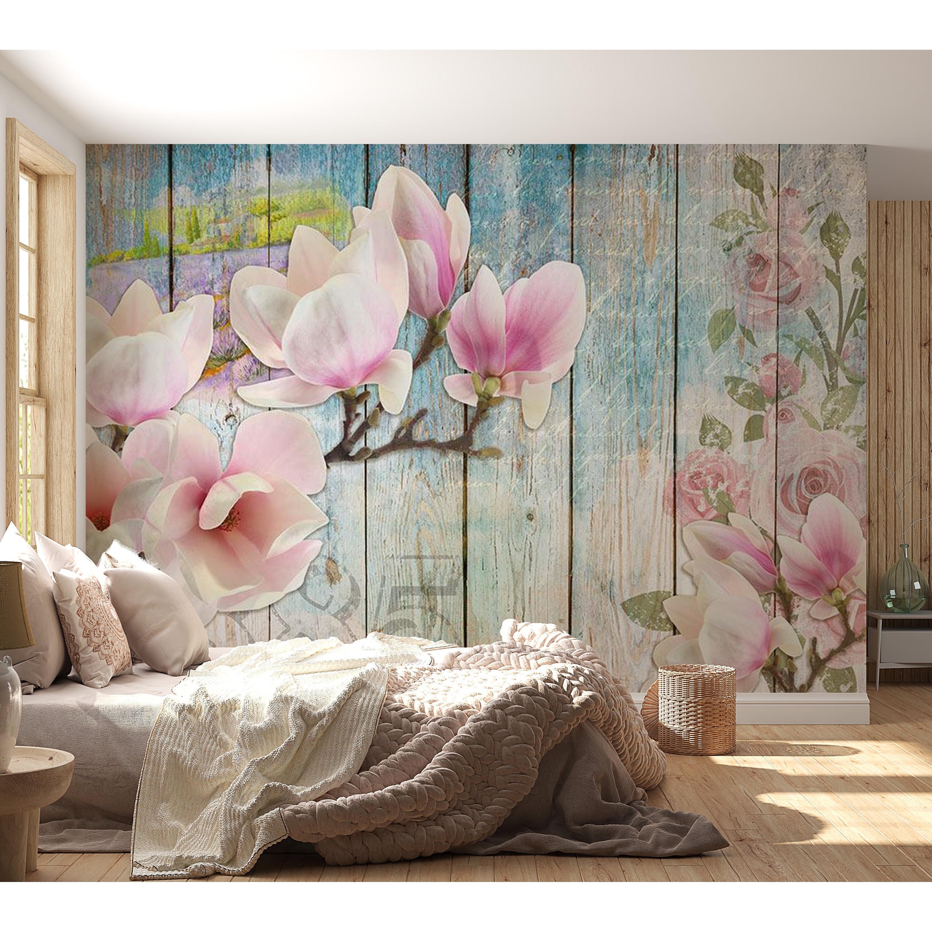 Floral Non-pasted Wallpaper Wall Mural - Pink Flowers On Wood.