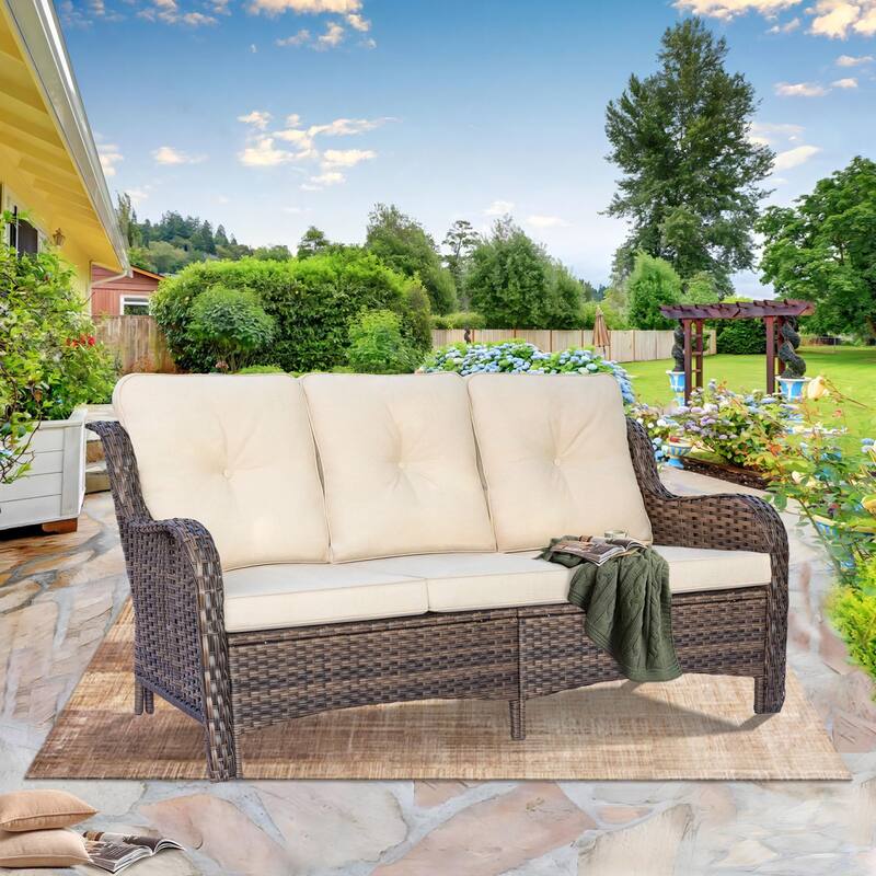 High Back Deep Seating Wicker Curved Outdoor Patio Sofa with Cushions - 1 Piece - Beige