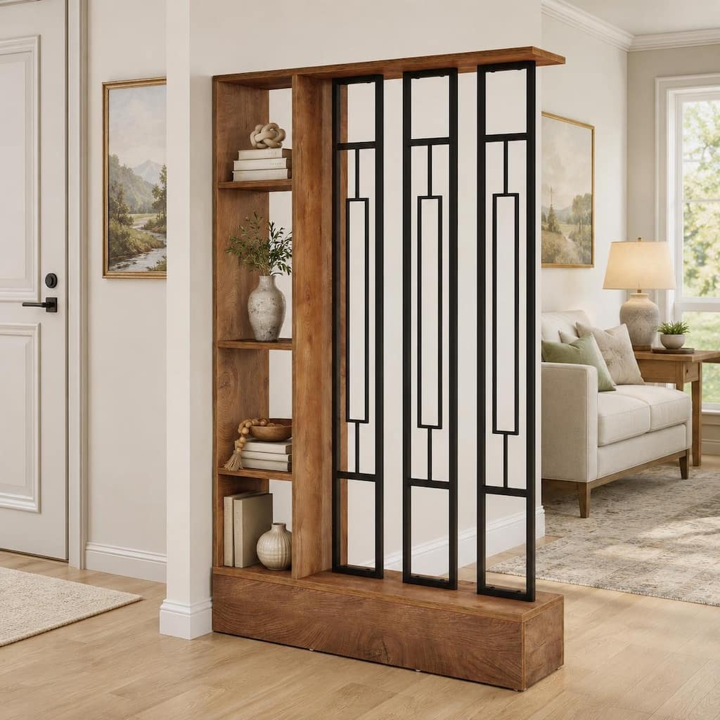 70.9" Room Divider with Storage Shelves, Freestanding Privacy Screen Partition - 47.2" W × 11.8" D × 70.9" H