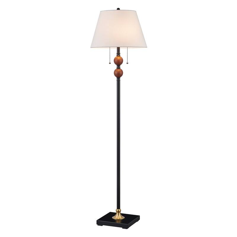61''Black Metal & Red Wood Floor Lamp with Fabric Shade - W16" x D16" x H61"